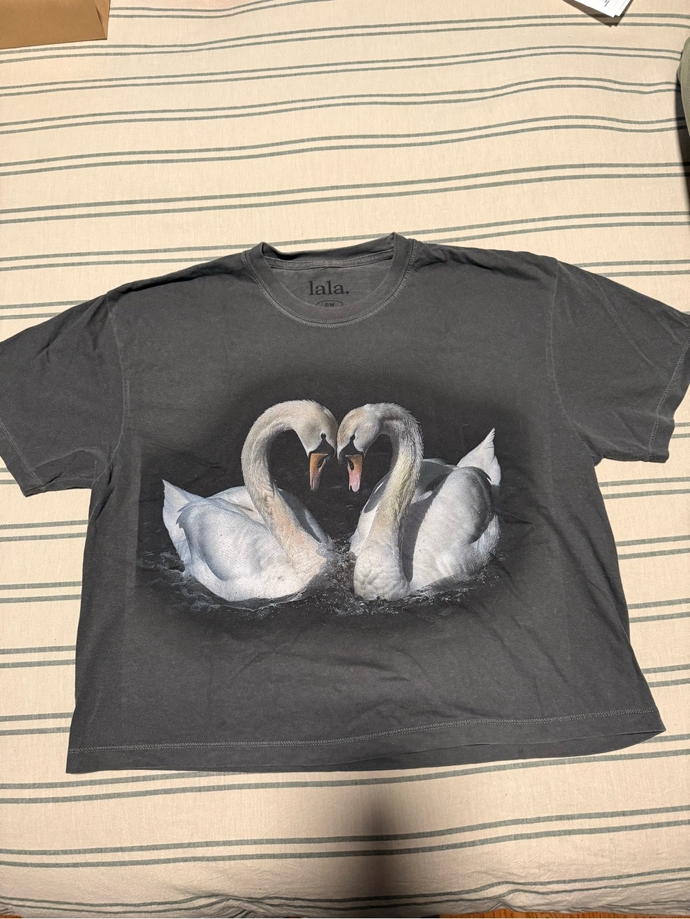 Dressed in LALA Black Crop Top with White Swan Graphic